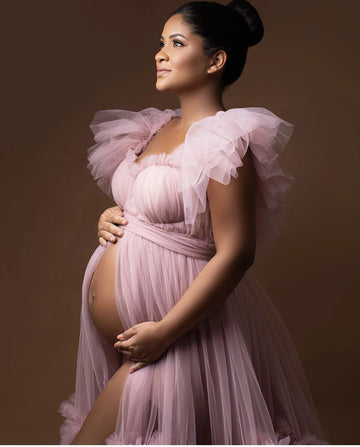 MQTIME  -  Ruffle Evening Dresses Women's Sweetheart Off Shoulder Pregnancy Bathgown Maternity Custom Made Tulle Robe for Photo Shoot